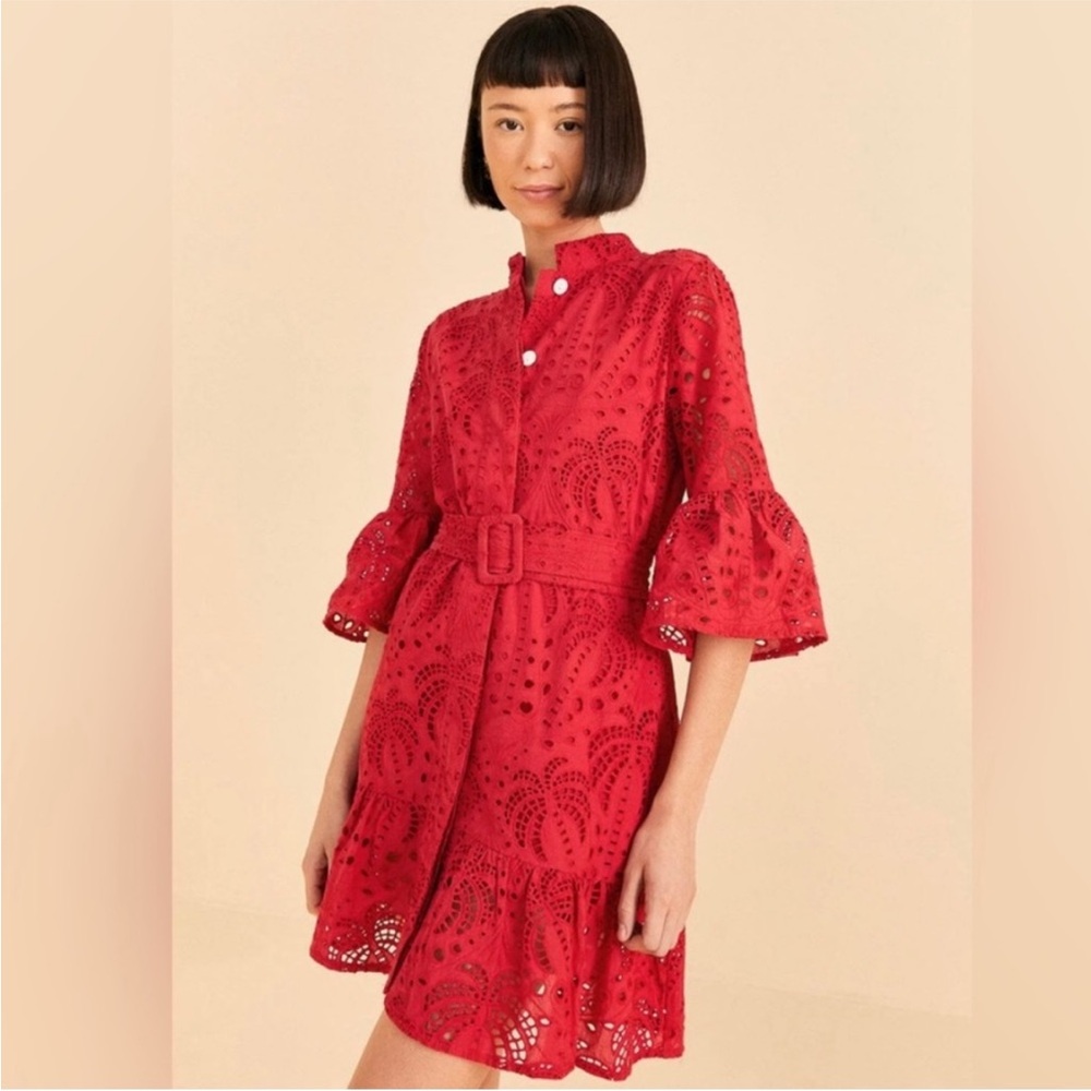 Farm Rio Red Palm Tree Mini Dress Eyelet Belted Size L NWT